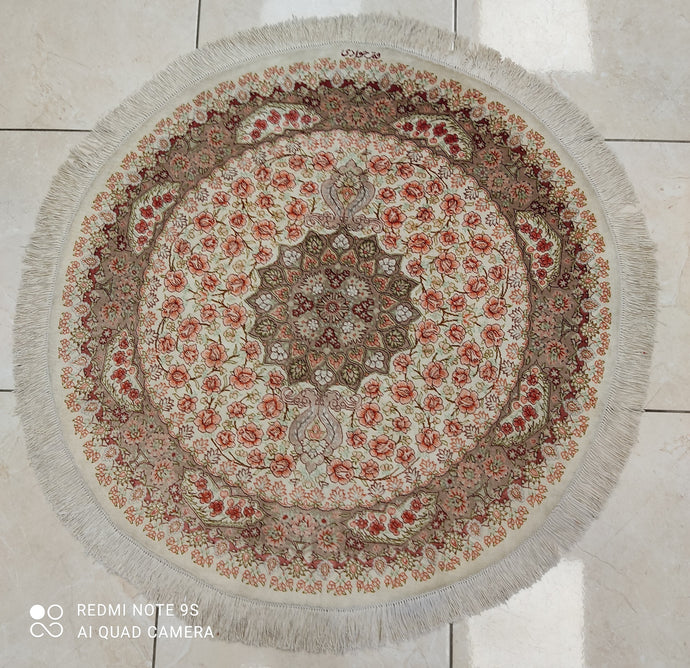 Tapis rond Ghom soie noué main n°18568_93×92